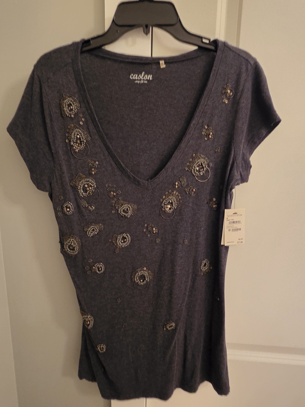 Caslon V-Neck Beaded Gray Short Sleeve Top NWT